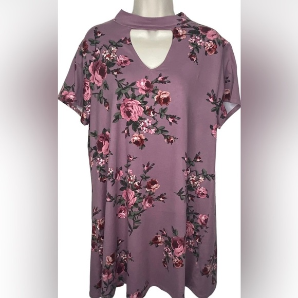 Joe Boxer A-Line Dress 2X Floral Print Lavender Keyhole Neck V-Neck Short Sleeve - Picture 1 of 9